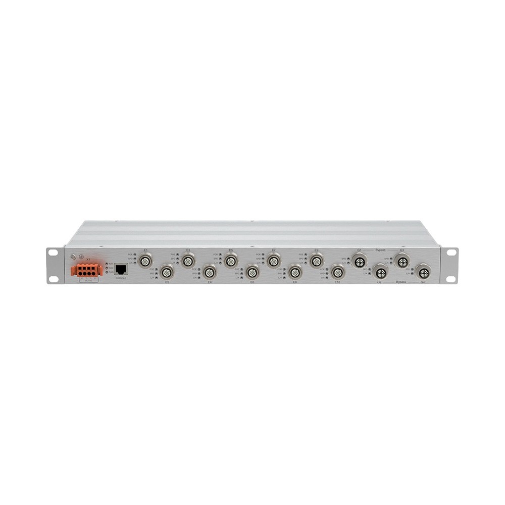 CTS7014BP-M12-4GT-10TPoE – Switch Ethernet industrial gerenciável com 14 portas M12, PoE e função Bypass para rack 19"  Switch Ethernet industrial Layer 2 gerenciável com PoE e bypass para aplicações críticas e transporte