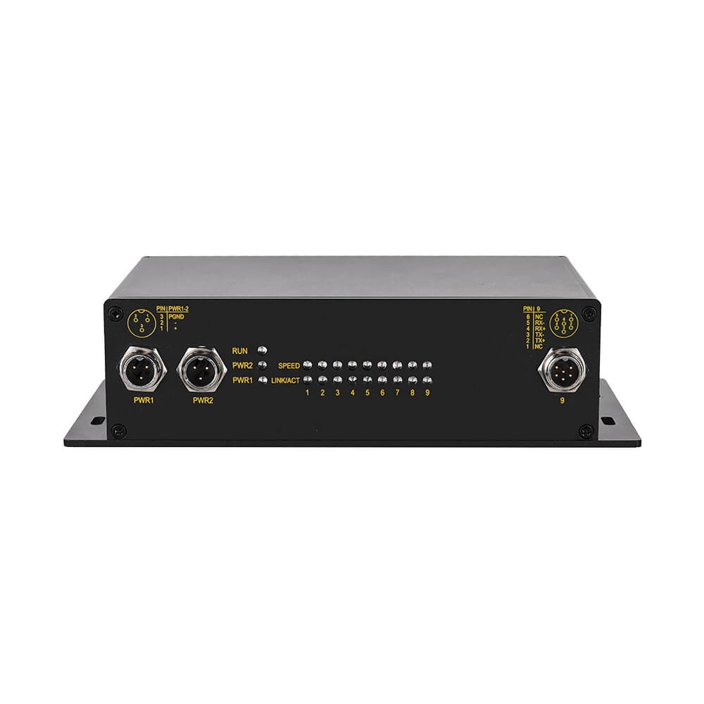 CTS2209-M12 – Switch Ethernet industrial 9 portas Fast Ethernet com conector GX12 para montagem em parede