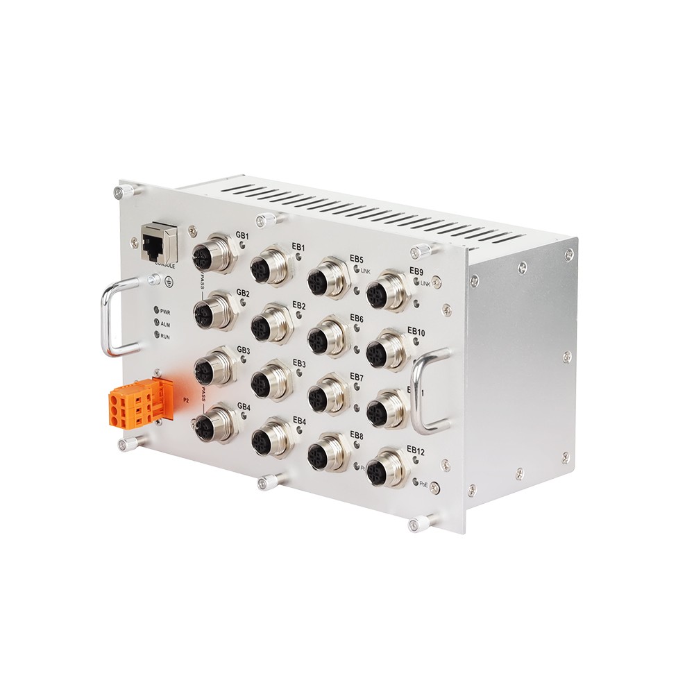 CTS7116BP-M12-4GT-8TPoE – Switch Ethernet industrial gerenciável com 16 portas M12, PoE e função Bypass